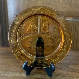 Vintage Tiara Glass Childrens Plate Amber - Where Are You Going My Pretty Maid